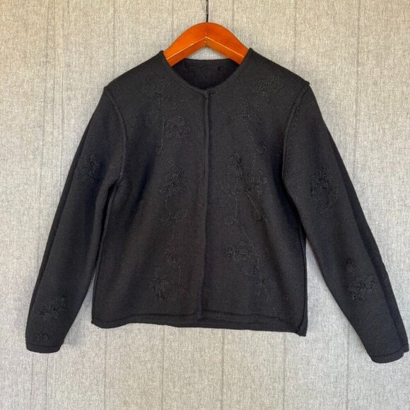 Karen Scott 100% Wool Black Embroidery Covered Button Front Cardigan Sweater - Picture 8 of 12